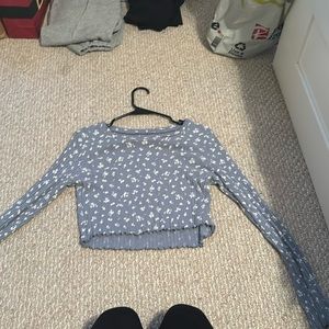 Long sleeve shrunken tee, blue floral, Large